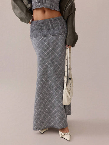 SXY Autumn/Winter Casual Retro Versatile Grey & White Plaid Asymmetrical Skirt