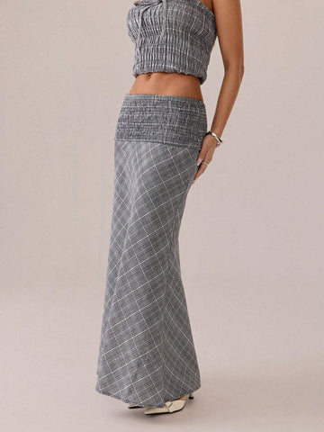 SXY Autumn/Winter Casual Retro Versatile Grey & White Plaid Asymmetrical Skirt