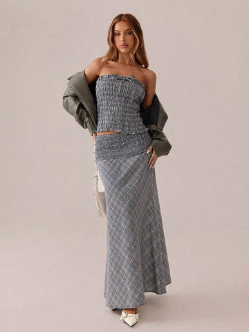 SXY Autumn/Winter Casual Retro Versatile Grey & White Plaid Asymmetrical Skirt