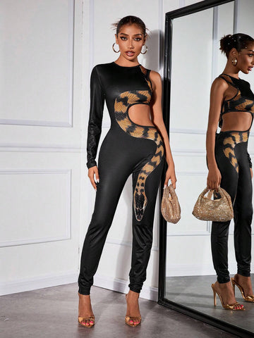 Autumn Sexy & Elegant Party High Slit Snake Skin Asymmetric One Shoulder Women's Long Jumpsuits