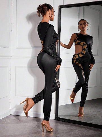 Autumn Sexy & Elegant Party High Slit Snake Skin Asymmetric One Shoulder Women's Long Jumpsuits