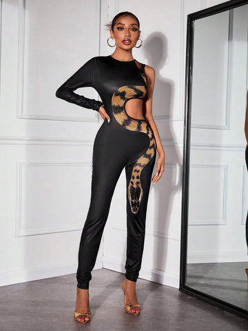 Autumn Sexy & Elegant Party High Slit Snake Skin Asymmetric One Shoulder Women's Long Jumpsuits
