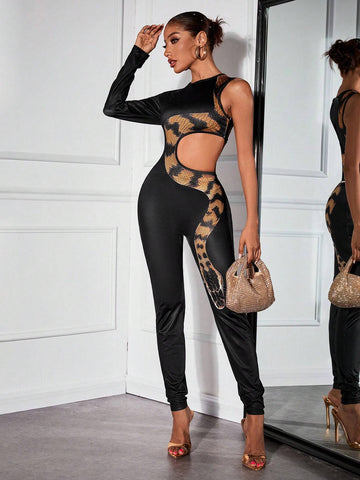 Autumn Sexy & Elegant Party High Slit Snake Skin Asymmetric One Shoulder Women's Long Jumpsuits