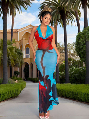 Backless Halter Floral Print Mesh Dress With Flower Pattern For Summer Holiday Vacation Beach Casual Fairy Flowy Sexy Boho Birthday Bachelorette Party Women Outfit