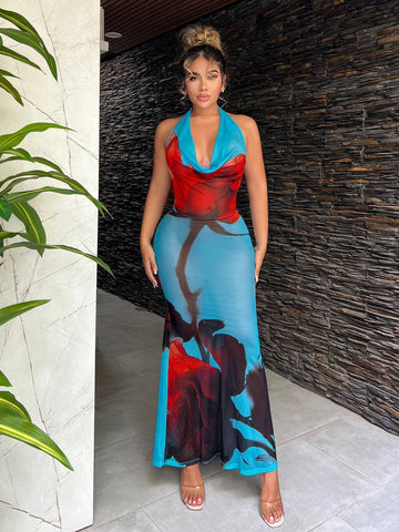 Backless Halter Floral Print Mesh Dress With Flower Pattern For Summer Holiday Vacation Beach Casual Fairy Flowy Sexy Boho Birthday Bachelorette Party Women Outfit