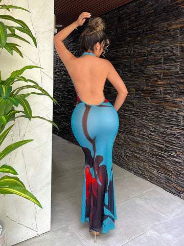 Backless Halter Floral Print Mesh Dress With Flower Pattern For Summer Holiday Vacation Beach Casual Fairy Flowy Sexy Boho Birthday Bachelorette Party Women Outfit