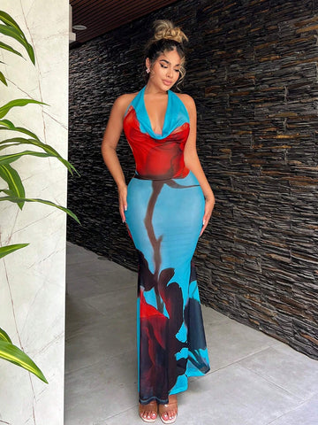 Backless Halter Floral Print Mesh Dress With Flower Pattern For Summer Holiday Vacation Beach Casual Fairy Flowy Sexy Boho Birthday Bachelorette Party Women Outfit