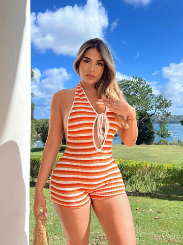 Backless Striped Halter Neck Hollow Out Bandage Bodysuit For Beach Vacation