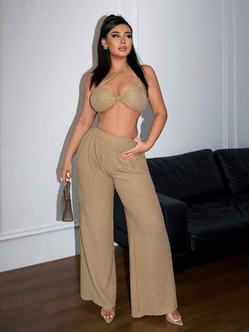 Beachwear Set For Women, Summer Asymmetric Knotted Strap Tank Top And Pleated Long Pants