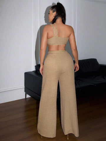 Beachwear Set For Women, Summer Asymmetric Knotted Strap Tank Top And Pleated Long Pants