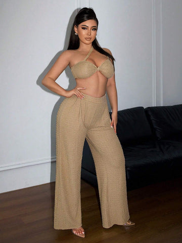 Beachwear Set For Women, Summer Asymmetric Knotted Strap Tank Top And Pleated Long Pants