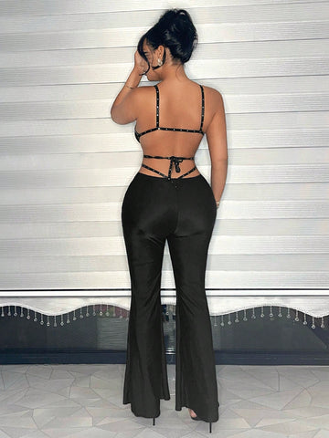 Beaded Halter Top With Open Back And Flared Pants Set