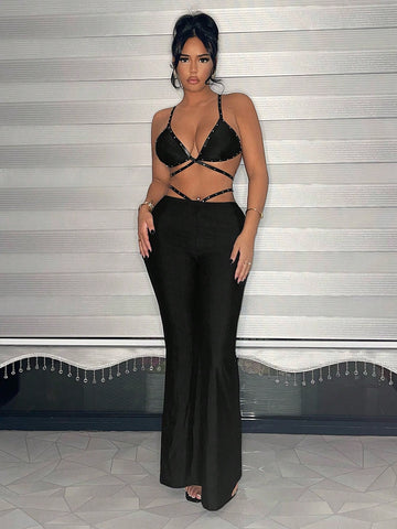 Beaded Halter Top With Open Back And Flared Pants Set