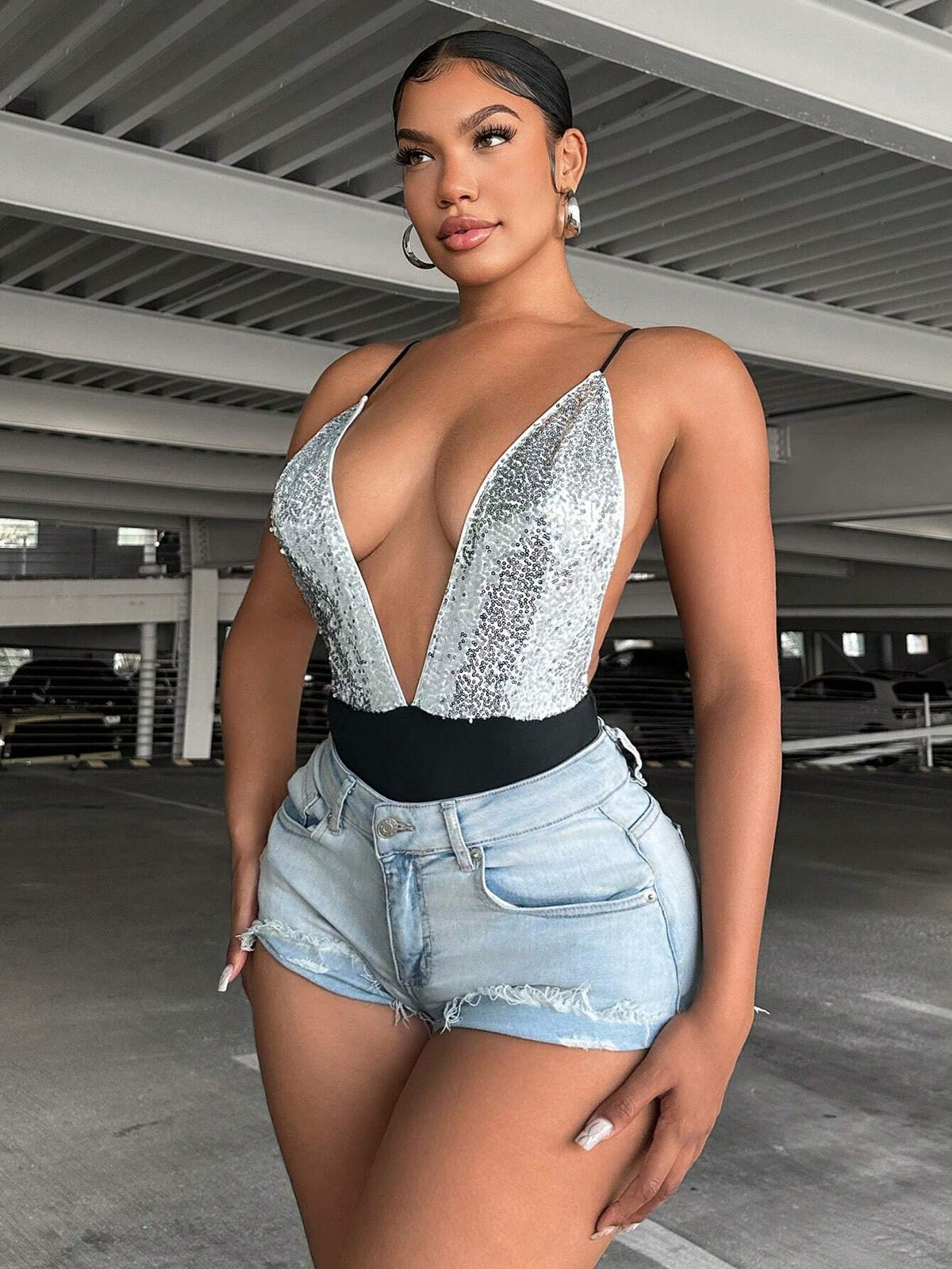 Beaded Plunge Backless Spaghetti Strap Bodysuit