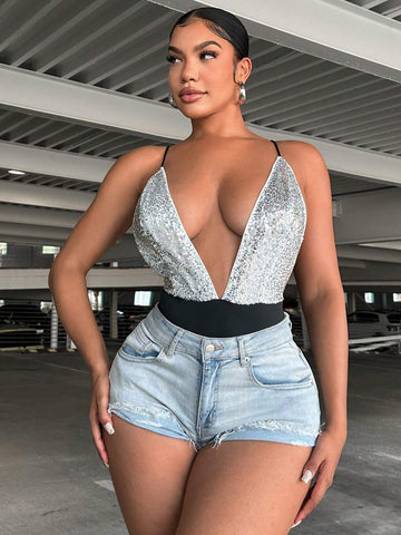 Beaded Plunge Backless Spaghetti Strap Bodysuit