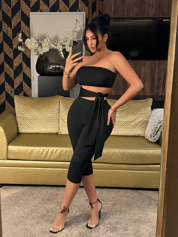 Black Casual Women Summer Spring Elegant & Sexy Mid-Waist Hollow Out Tie Jumpsuit With Capri Pants For Women