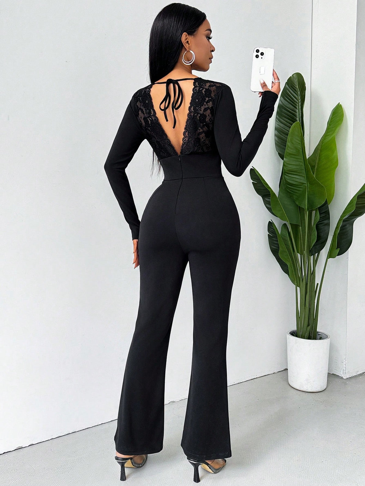 Black Deep V Neck Lace Patchwork Hollow Out Back Jumpsuit