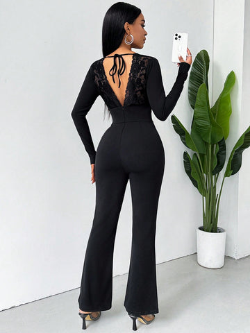 Black Deep V Neck Lace Patchwork Hollow Out Back Jumpsuit