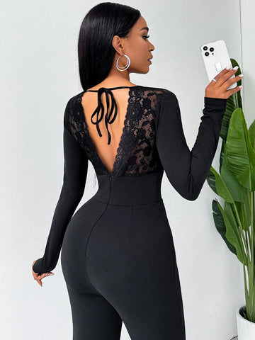 Black Deep V Neck Lace Patchwork Hollow Out Back Jumpsuit