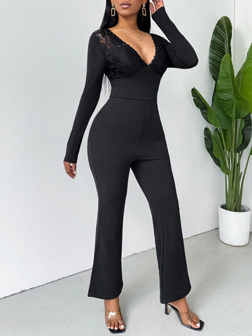 Black Deep V Neck Lace Patchwork Hollow Out Back Jumpsuit