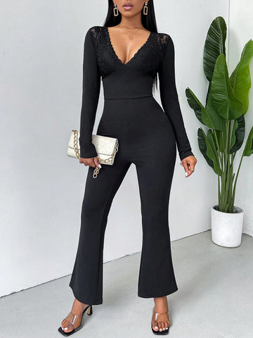 Black Deep V Neck Lace Patchwork Hollow Out Back Jumpsuit