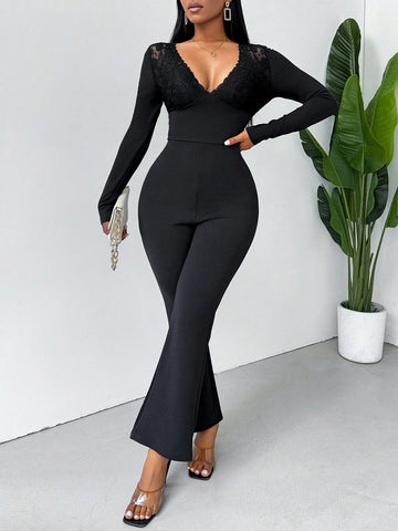 Black Deep V Neck Lace Patchwork Hollow Out Back Jumpsuit