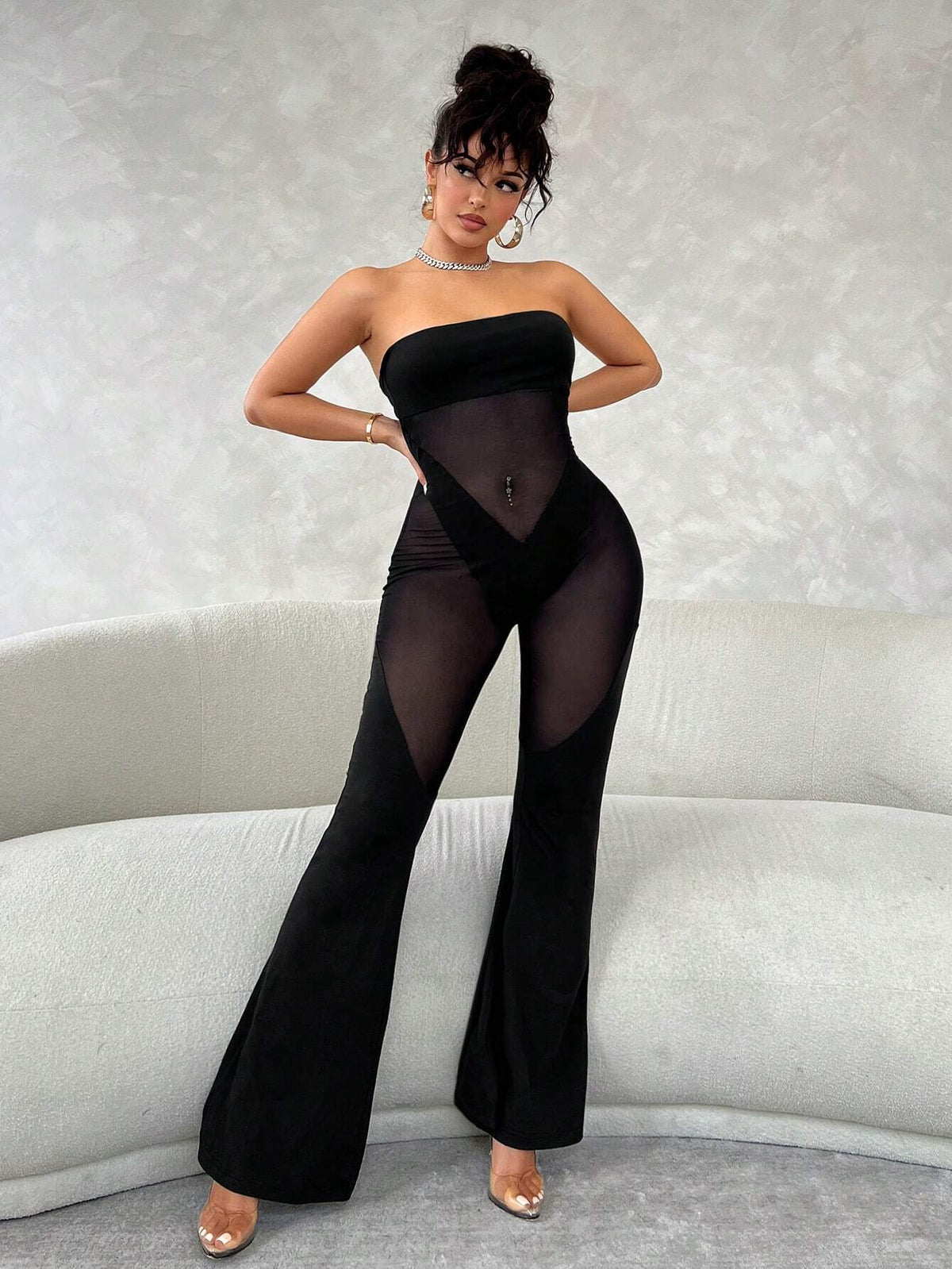 Black Dress Loose Pants Summer Women's Transparent Mesh Splicing Women's One-Piece Flared Pants