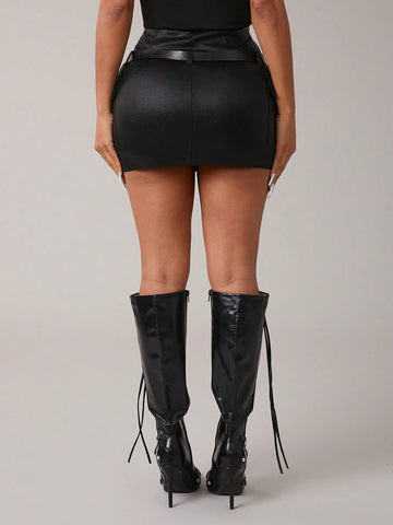SXY Black Elastic PU Low Waist Cargo Mini Skirt With Belt