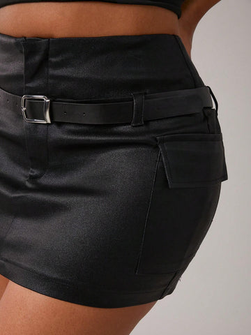 SXY Black Elastic PU Low Waist Cargo Mini Skirt With Belt