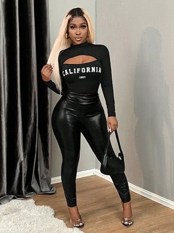 Black High Neck Hollow-Out Print Long Sleeve Bodysuit