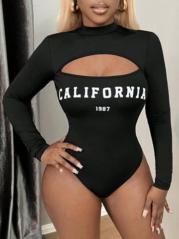 Black High Neck Hollow-Out Print Long Sleeve Bodysuit