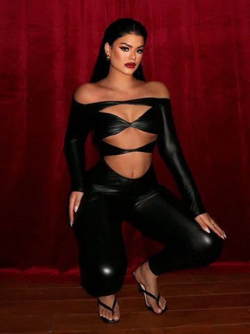 Black PU Hollow-Out Jumpsuit For Halloween Partyhalloween Clothes