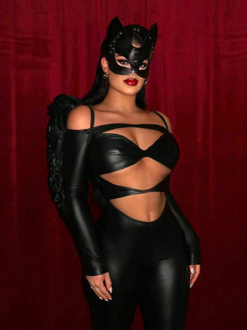 Black PU Hollow-Out Jumpsuit For Halloween Partyhalloween Clothes