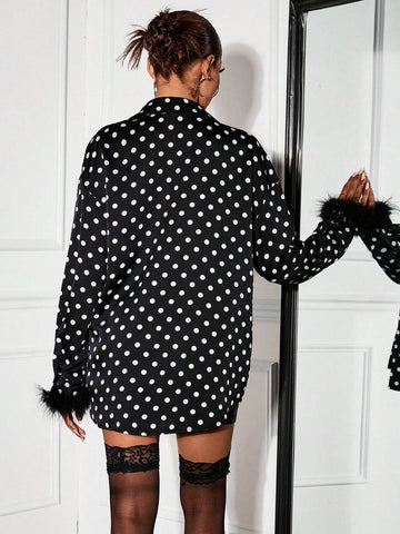 SXY Black Polka Dot And Feather Trim Casual Shirt, Spring Autumn