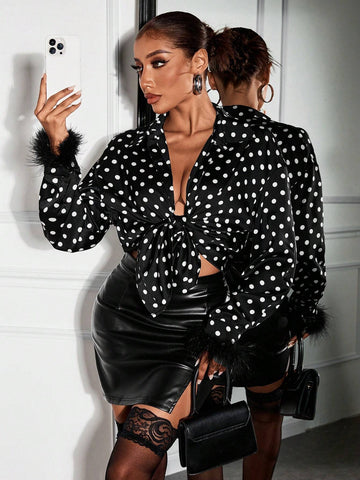 SXY Black Polka Dot And Feather Trim Casual Shirt, Spring Autumn