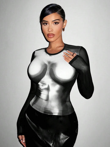 Body Morph Figure Graphic Contrast Mesh Teenew Party Outfit Sexy Outfit Sexy Outfits Club Long