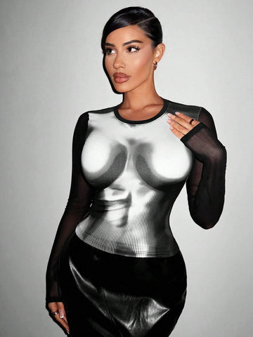 Body Morph Figure Graphic Contrast Mesh Teenew Party Outfit Sexy Outfit Sexy Outfits Club Long