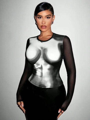 Body Morph Figure Graphic Contrast Mesh Teenew Party Outfit Sexy Outfit Sexy Outfits Club Long