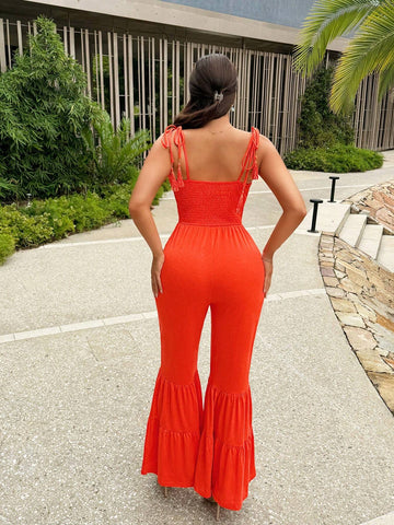 Bohemian Beach Vacation Style Bandeau Wide Leg Jumpsuit With Pleated Detail For Summer
