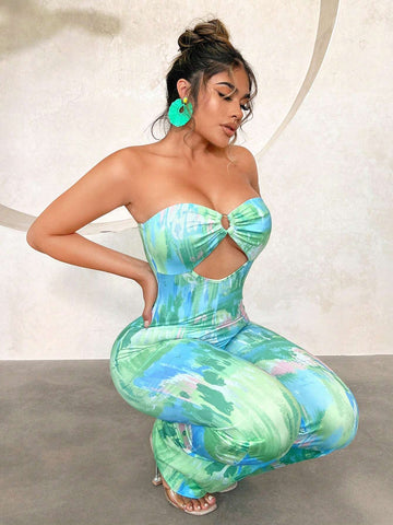 Bohemian Cute Resort Beach Wear Vacation Sexy Boho Summer Outfits Long Tie-Dye Strapless Hollow Out Wide Leg Jumpsuit For Women