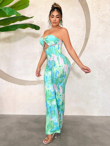 Bohemian Cute Resort Beach Wear Vacation Sexy Boho Summer Outfits Long Tie-Dye Strapless Hollow Out Wide Leg Jumpsuit For Women