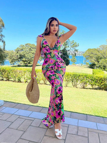 Bohemian Long Floral Print Backless Vacation Dress