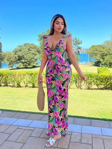 Bohemian Long Floral Print Backless Vacation Dress