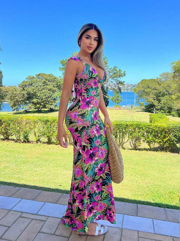 Bohemian Long Floral Print Backless Vacation Dress