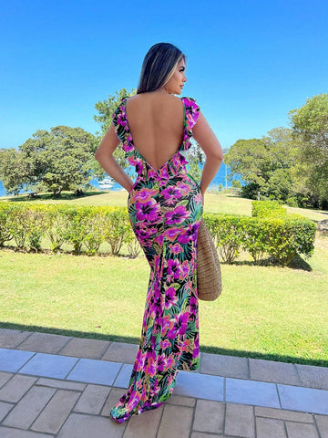 Bohemian Long Floral Print Backless Vacation Dress