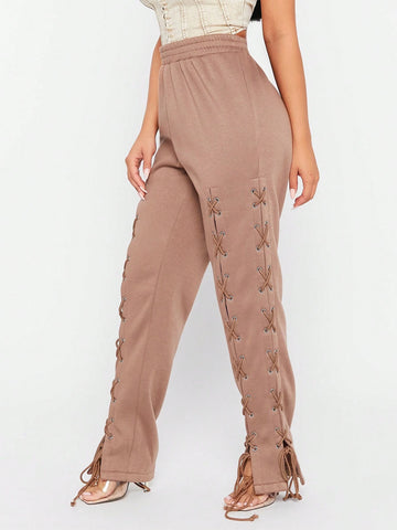 SXY Brown Knit Drawstring Detail Sweatpants