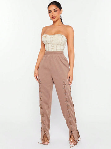 SXY Brown Knit Drawstring Detail Sweatpants