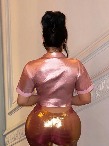 Button Front Crop Metallic Blouse