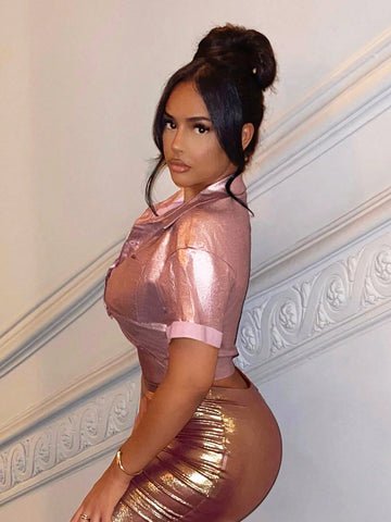 Button Front Crop Metallic Blouse