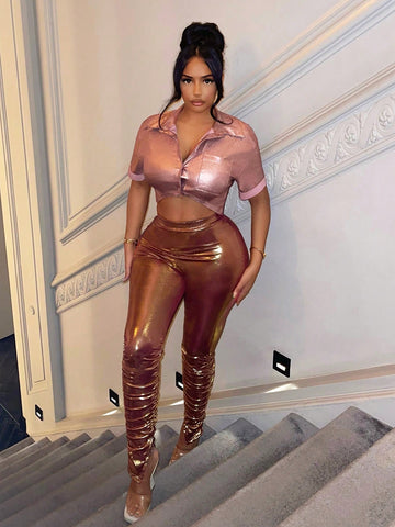 Button Front Crop Metallic Blouse